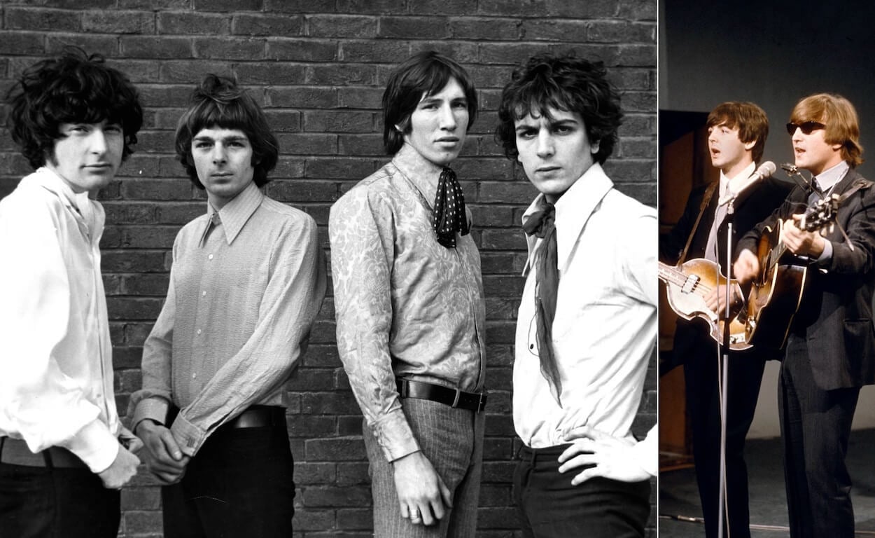 Pink Floyd members (from left) Nick Mason, Rick Wright, Roger Waters, and Syd Barrett pose in front of a brick wall in 1967; Paul McCartney and John Lennon during a 1964 TV appearance.
