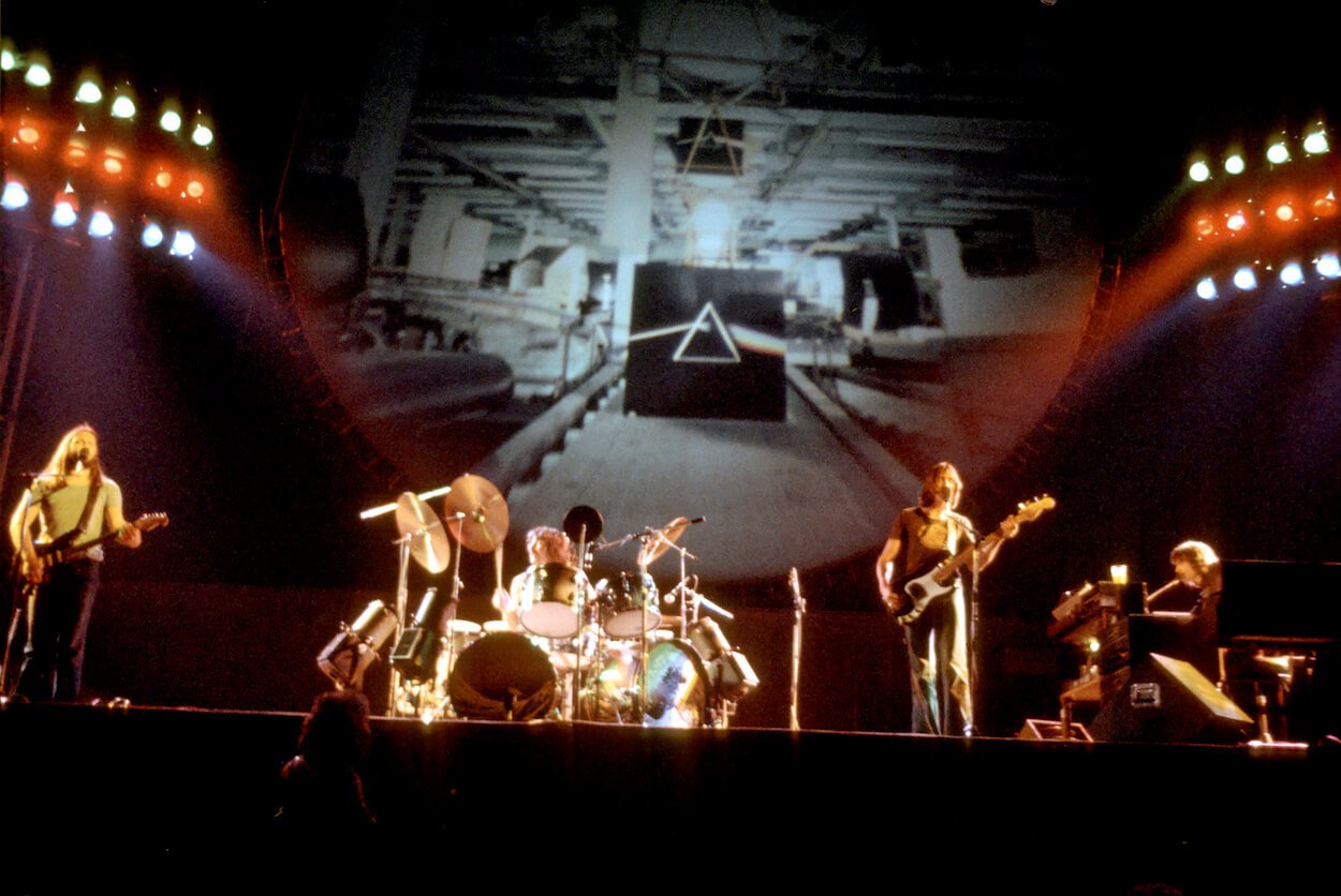 Pink Floyd members (from left) David Gilmour, Nick Mason, Roger Waters, and Rick Wright performing on stage in Los Angeles in 1975