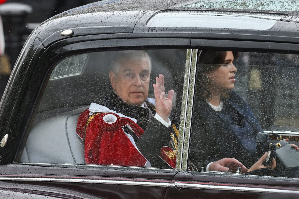 Prince Andrew, whose image would likely be unsuccessfully rehabilitated by his daughters, sits in a car with Princess Eugenie