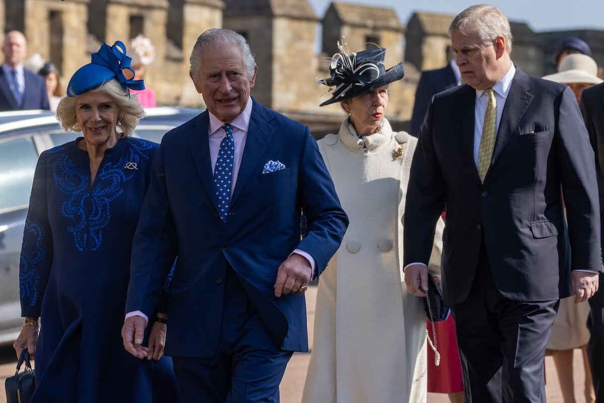 Prince Andrew, whose reputation would likely be unsuccessfully rehabilitated by Princesses Beatrice and Eugenie, walks with King Charles, Queen Camilla, and Princess Anne