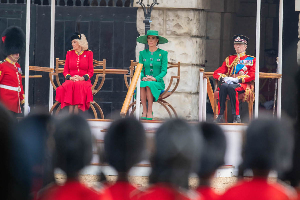 Queen Camilla, Kate Middleton, and the Duke of Kent sit at Trooping the Colour, where Kate Middleton turned her head away during King Charles III's 'pep talk' from Queen Camilla