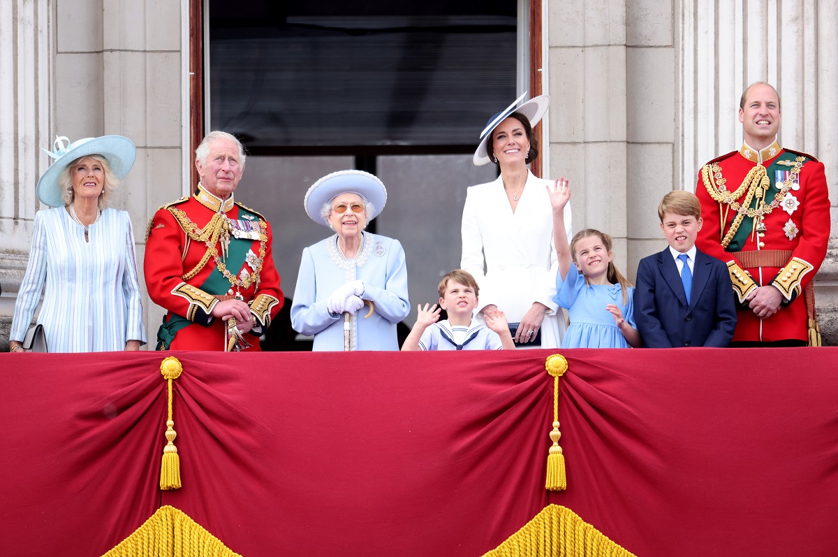 Queen Elizabeth II standing with other members of her family in the balcony of Buckingham Palace during Trooping the Colour 2022