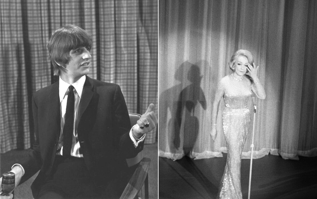 Ringo Starr (left) wearing a dark suit and sitting in an armchair in 1964; Marlene Dietrich wearing a long gown while performing in the United Kingdom in 1966.