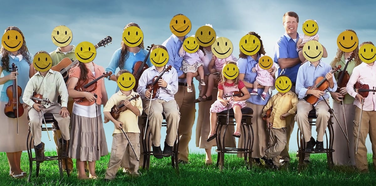 Promotional image for the Duggar family documentary 'Shiny Happy People: Duggar Family Secrets' of the Duggar family with happy faces over their faces
