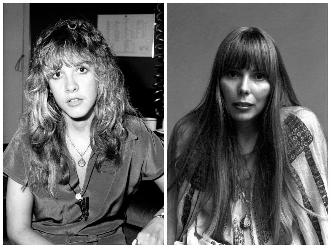 A black and white picture of Stevie Nicks wearing a short sleeved shirt and a necklace. Joni Mitchell wears a long sleeved shirt.