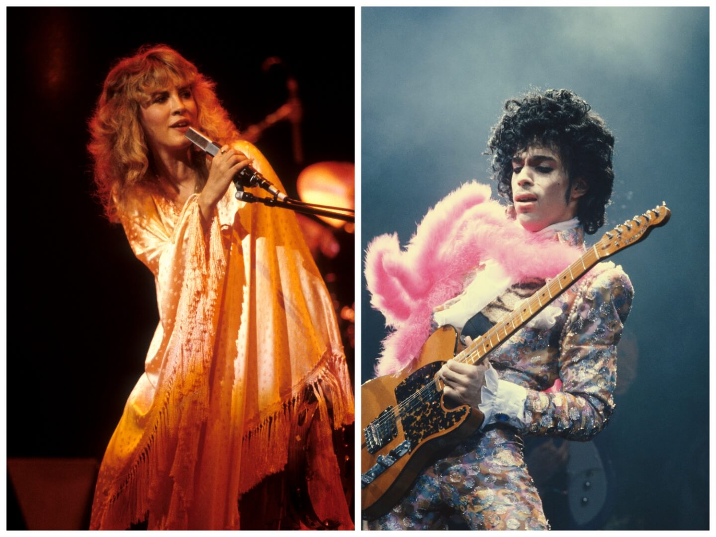 Stevie Nicks wears a shawl and sings into a microphone. Prince wears a pink boa and floral suit and plays guitar.