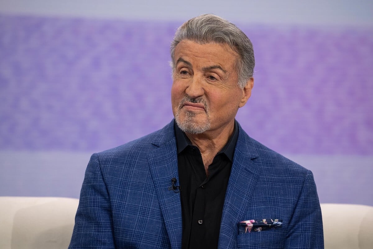 Sylvester Stallone sitting down on the 'Today' show in a blue suit.