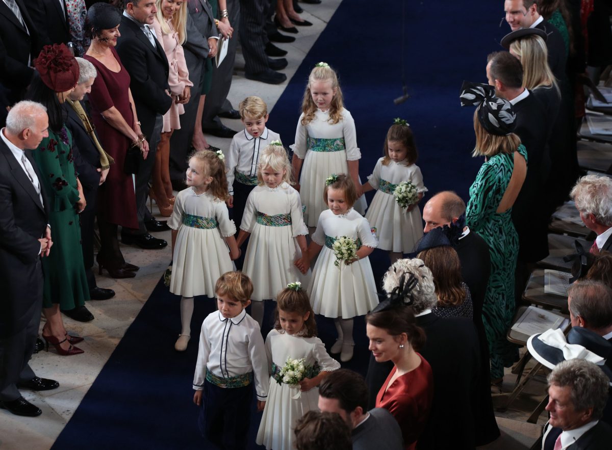 The bridesmaids and page boys including Prince George (rear-L) and Princess Charlotte (rear-R), at Princess Eugenie's wedding