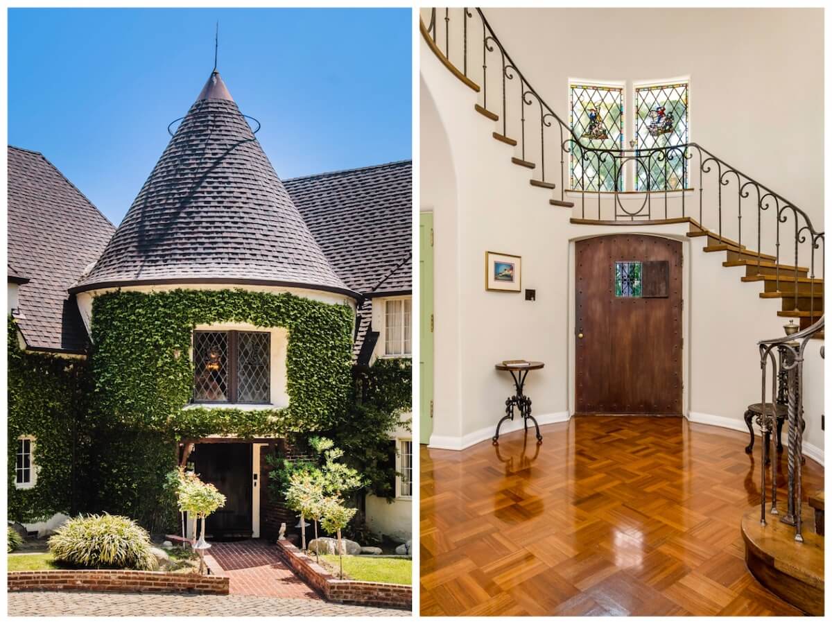 Walt Disney house turret next to image of interior curved staircase