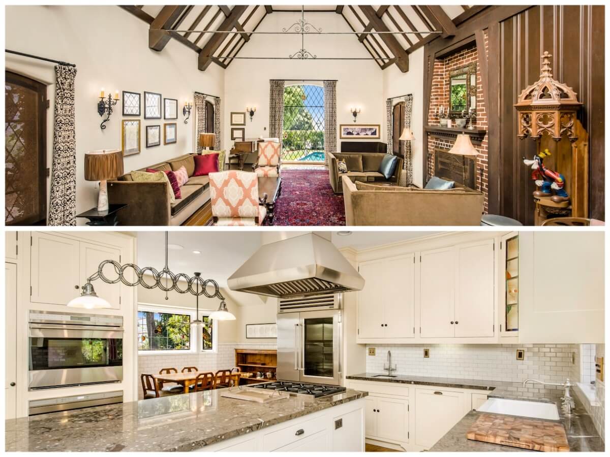 Top image of living room with vaulted wood-beamed ceiling, bottom image of a kitchen with white cabinets and stainless steel appliances