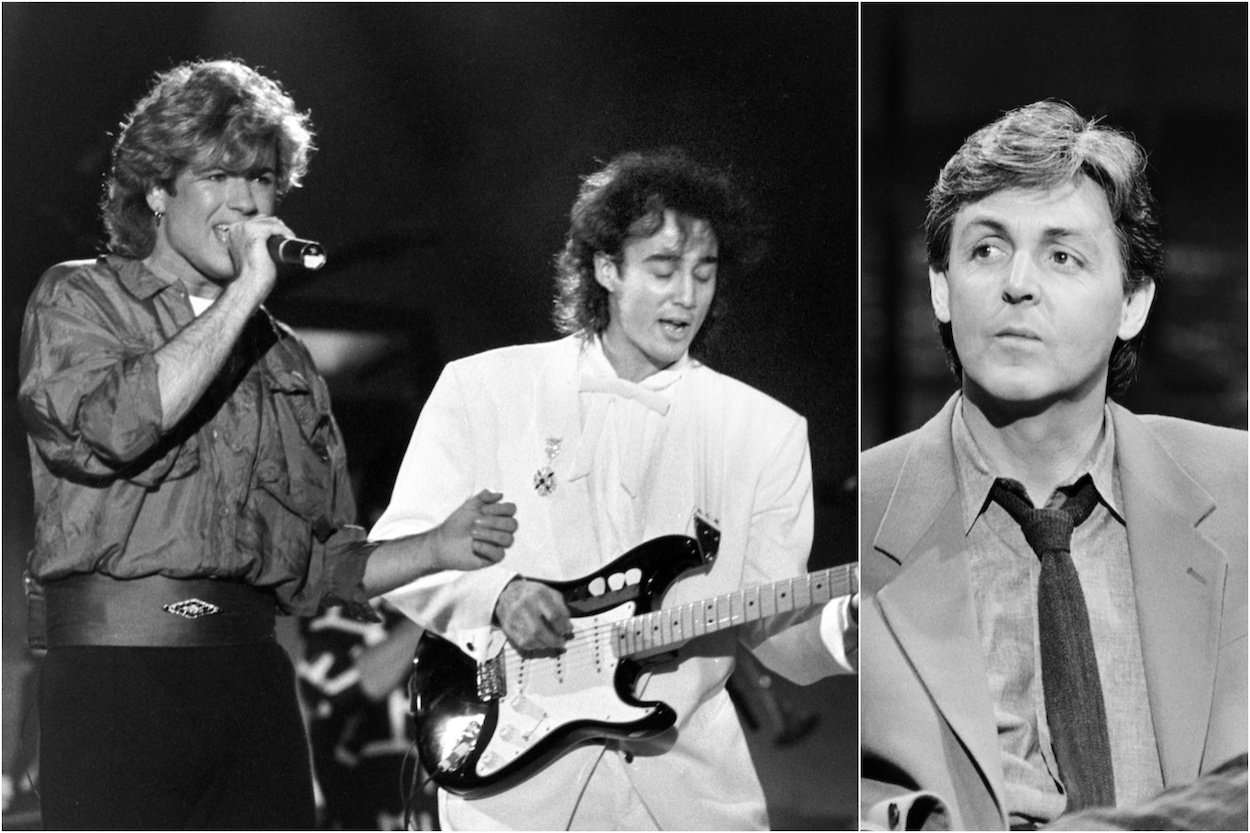 George Michael (from left) and Andrew Ridgeley perform at a Wham! concert in 1985; Paul McCartney wearing a suit and tie on Johnny Carson's 'Tonight Show' in 1984.