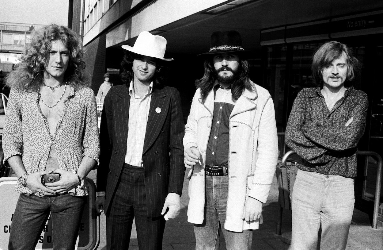 Led Zeppelin members (from left) Robert Plant, Jimmy Page, John Bonham, and John Paul Jones standing shoulder to shoulder in 1973.