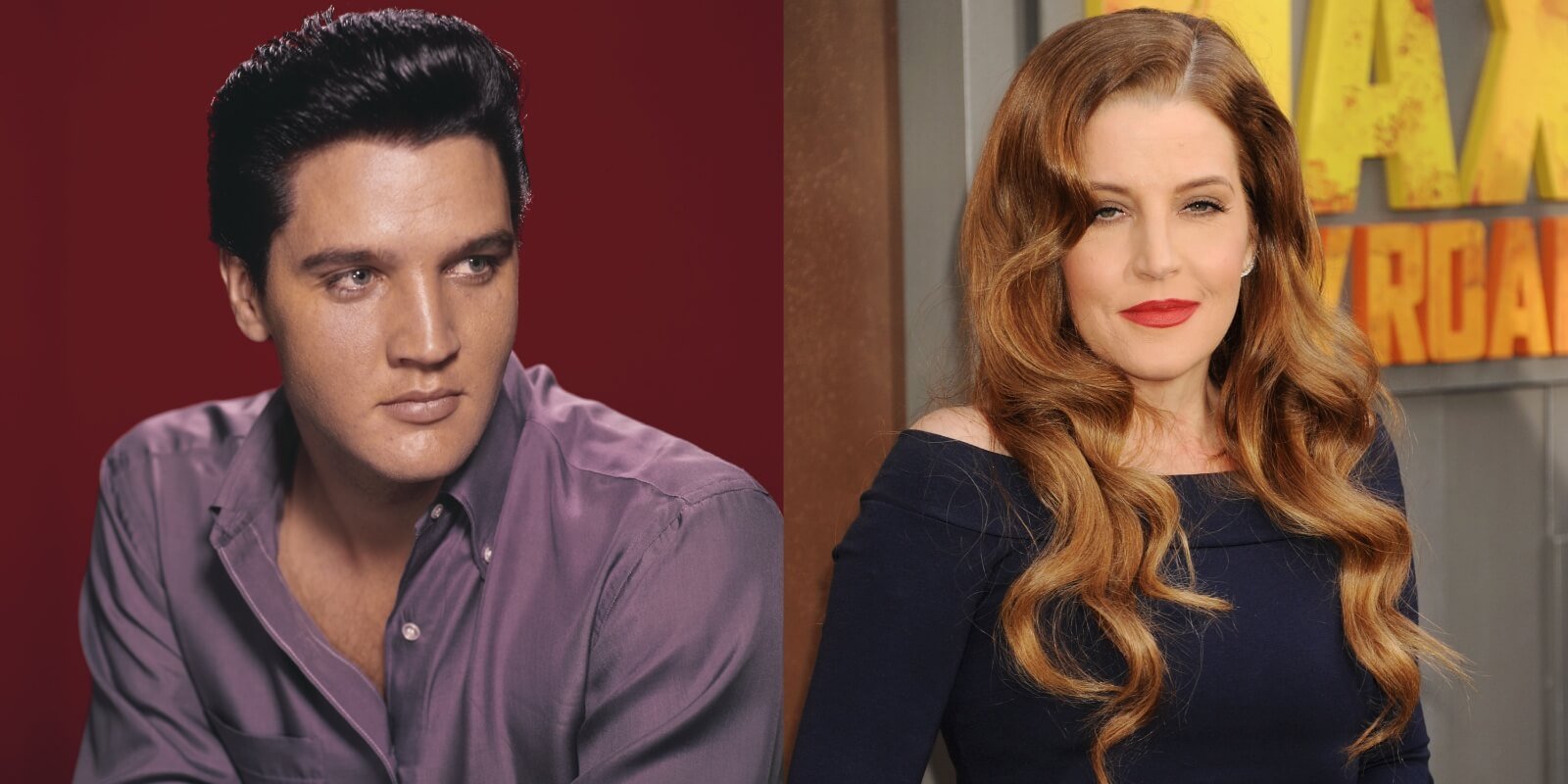 Elvis Presley and Lisa Marie Presley in side-by-side photographs.