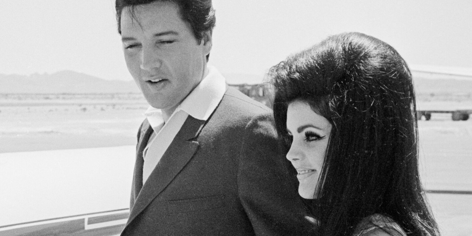 Elvis Presley and Priscilla Presley photographed after their marriage at the Aladdin Hotel in 1967.