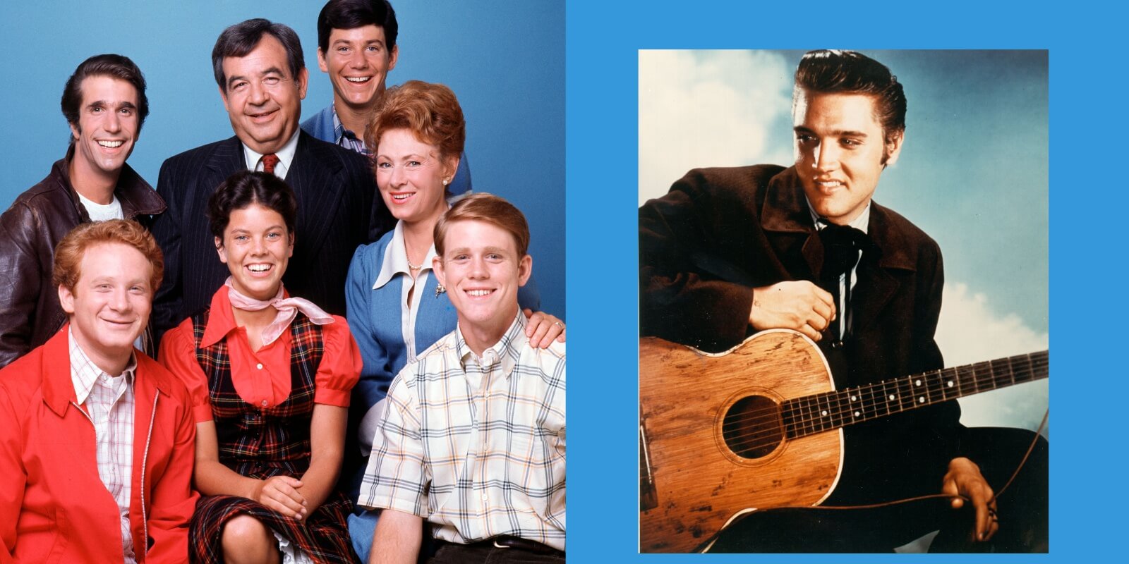 The 'Happy Days' cast in a side-by-side photo with entertainer Elvis Presley.