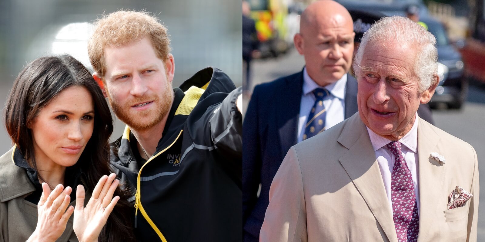 Meghan Markle, Prince Harry and King Charles in side-by-side photographs.