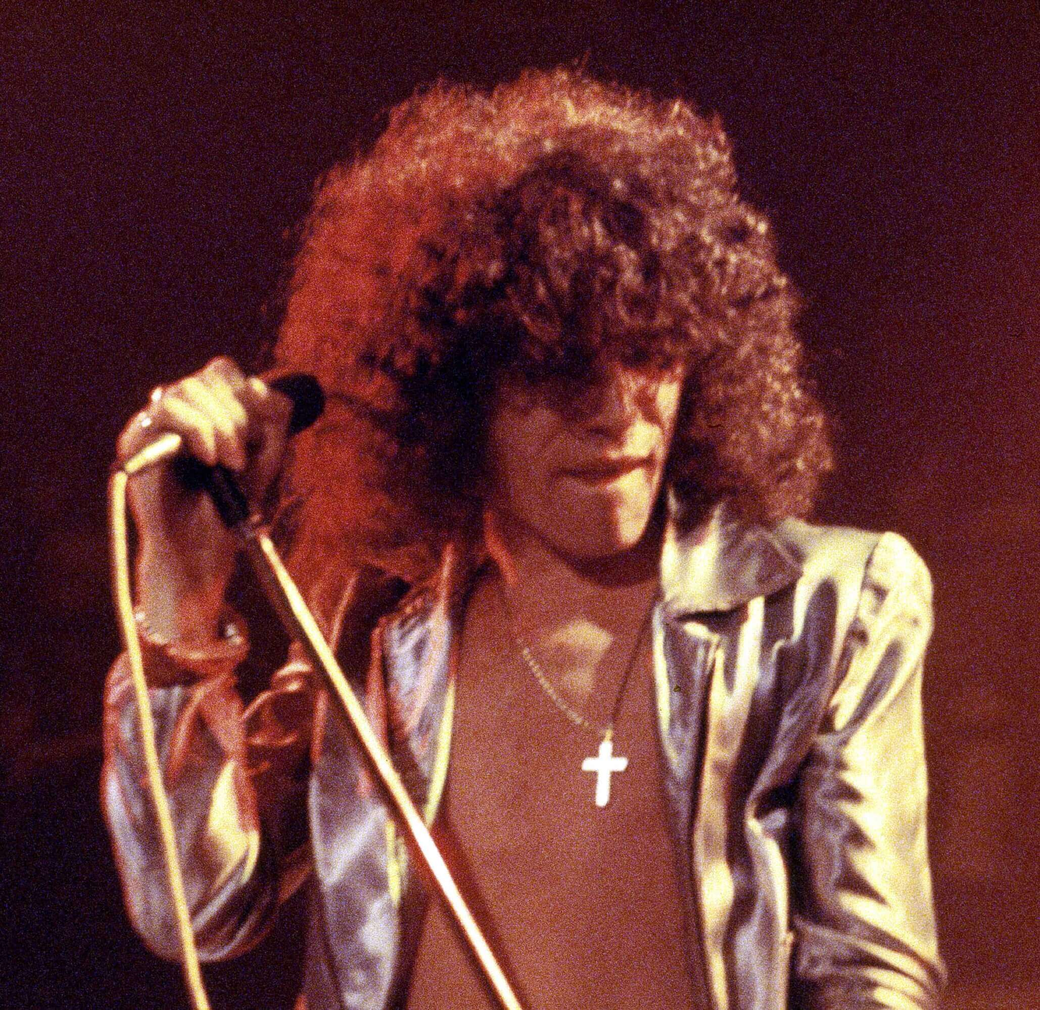 Nazareth's Dan McCafferty with a microphone during 'Hair of the Dog' era
