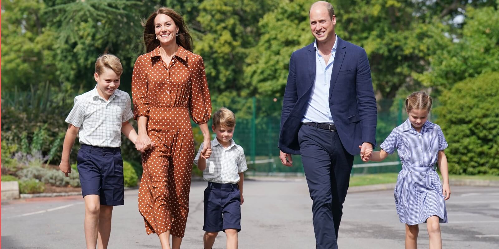 Prince George, Kate Middleton, Prince Louis, Prince William, Princess Charlotte on their first day of school in 2022.