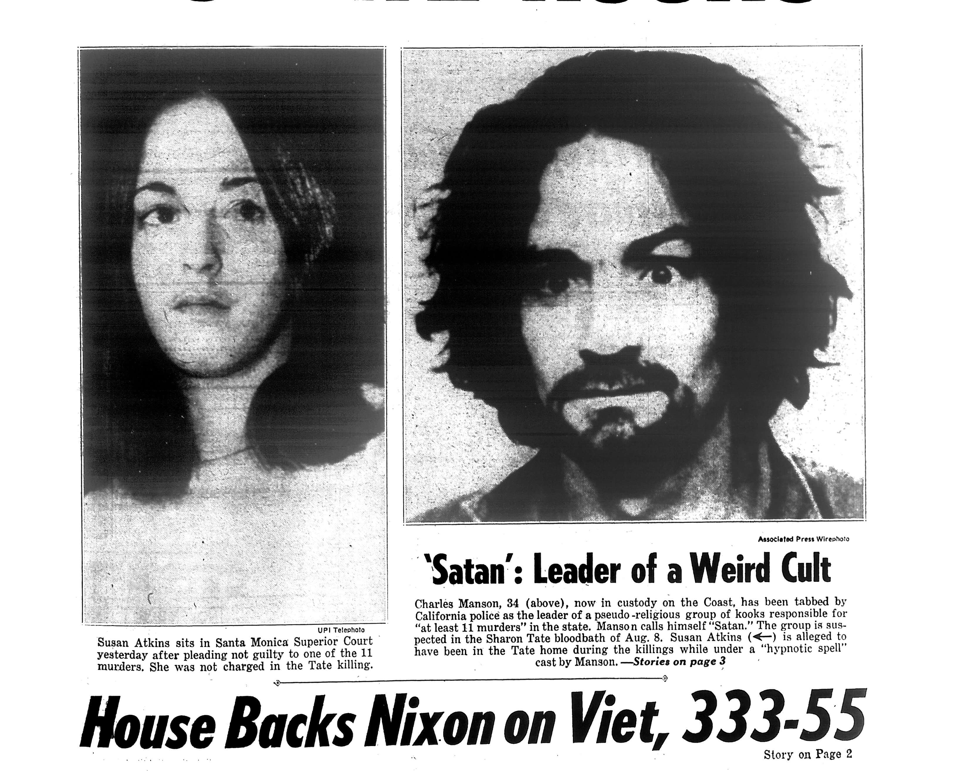 Susan Atkins and Charles Manson on the cover of a newspaper