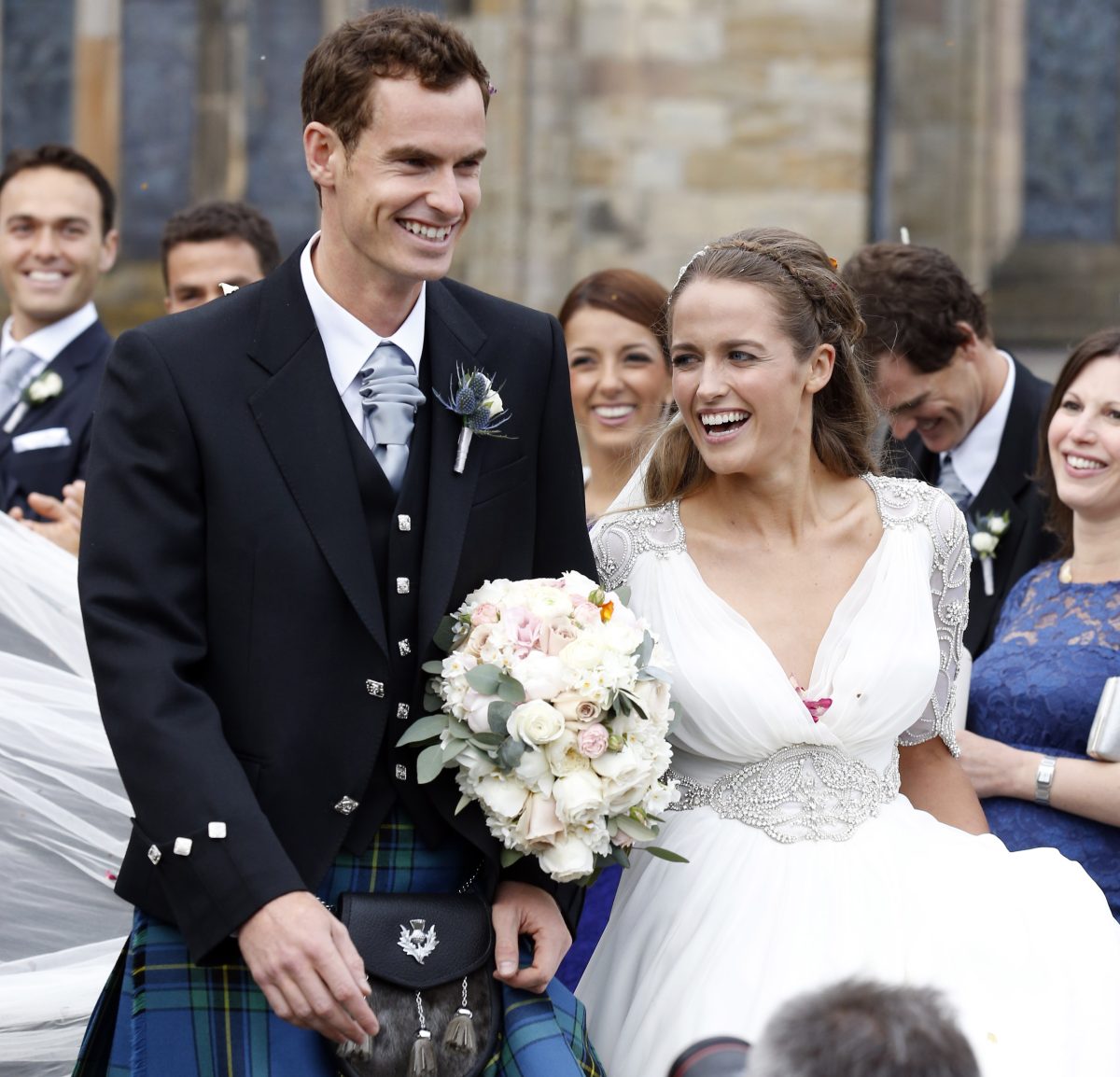 Andy Murray and Kim Sears leave Dunblane Cathedral after their wedding in Dunblane, Scotland