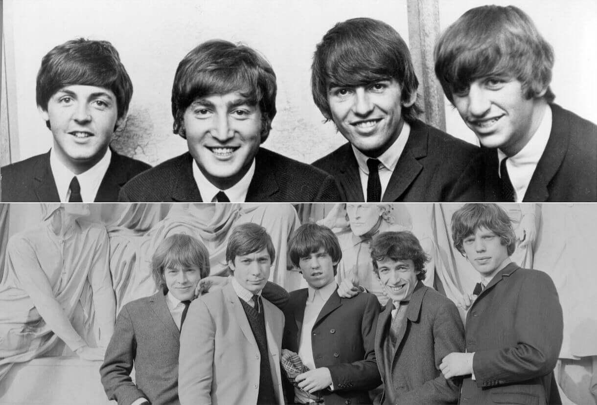 The Bealtes (top) smiling as they pose for a portrait in 1962; The Rolling Stones standing in front of a sculpture in Kensington Gardens in 1964.