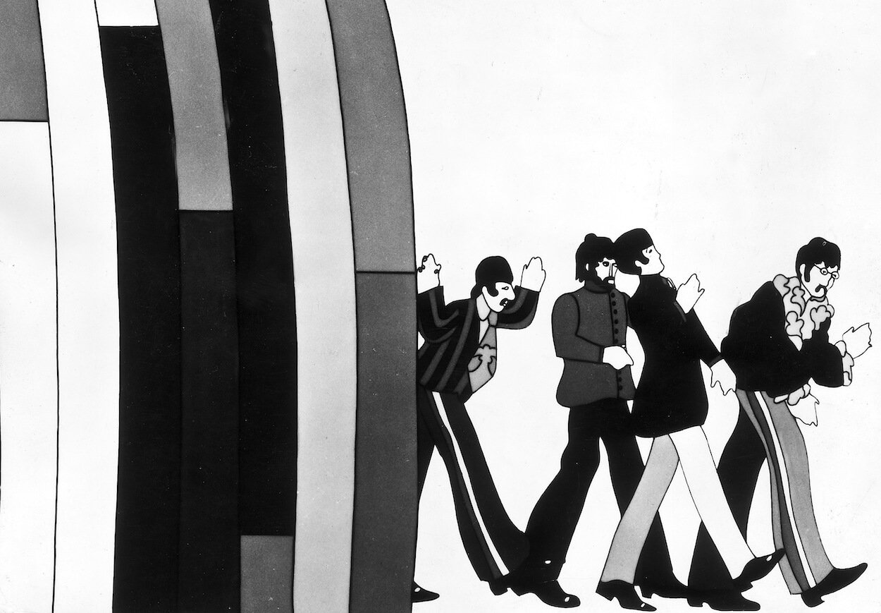 Black and white still of The Beatles from their movie 'Yellow Submarine.'