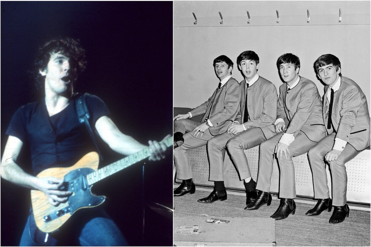 Bruce Springsteen (left) wearing a black t-shirt while performing in the 1970s; Beatles members Ringo Starr, Paul McCartney, John Lennon, and George Harrison sitting backstage in 1963.