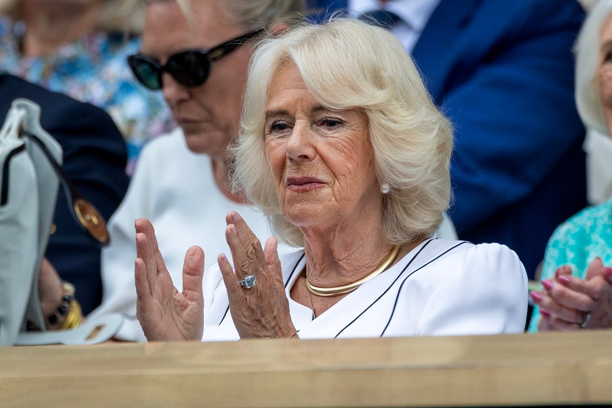 Camilla Parker Bowles (now-Queen Camilla), who a body language expert says displayed her authority and power, in the Royal Box at Wimbledon