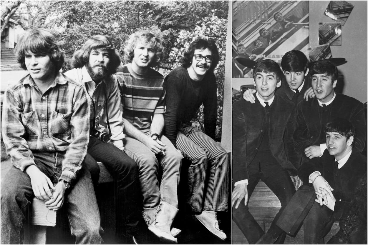 The four members of Creedence Clearwater Revival sitting side-by-side in 1970; The Beatles posing for a photo backstage in 1963.