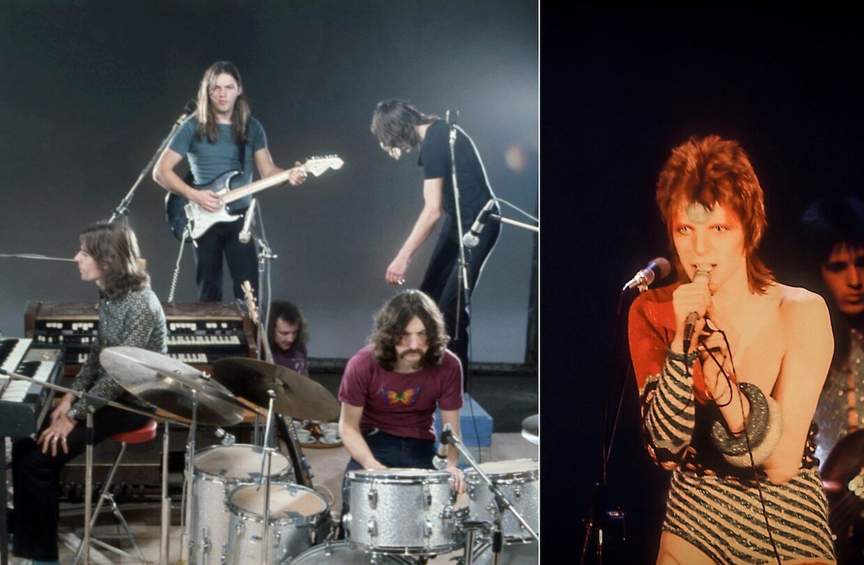 Pink Floyd members Rick Wright, David Gilmour, Nick Mason, and Roger Waters performing on a soundstage; David Bowie as Ziggy Stardust.