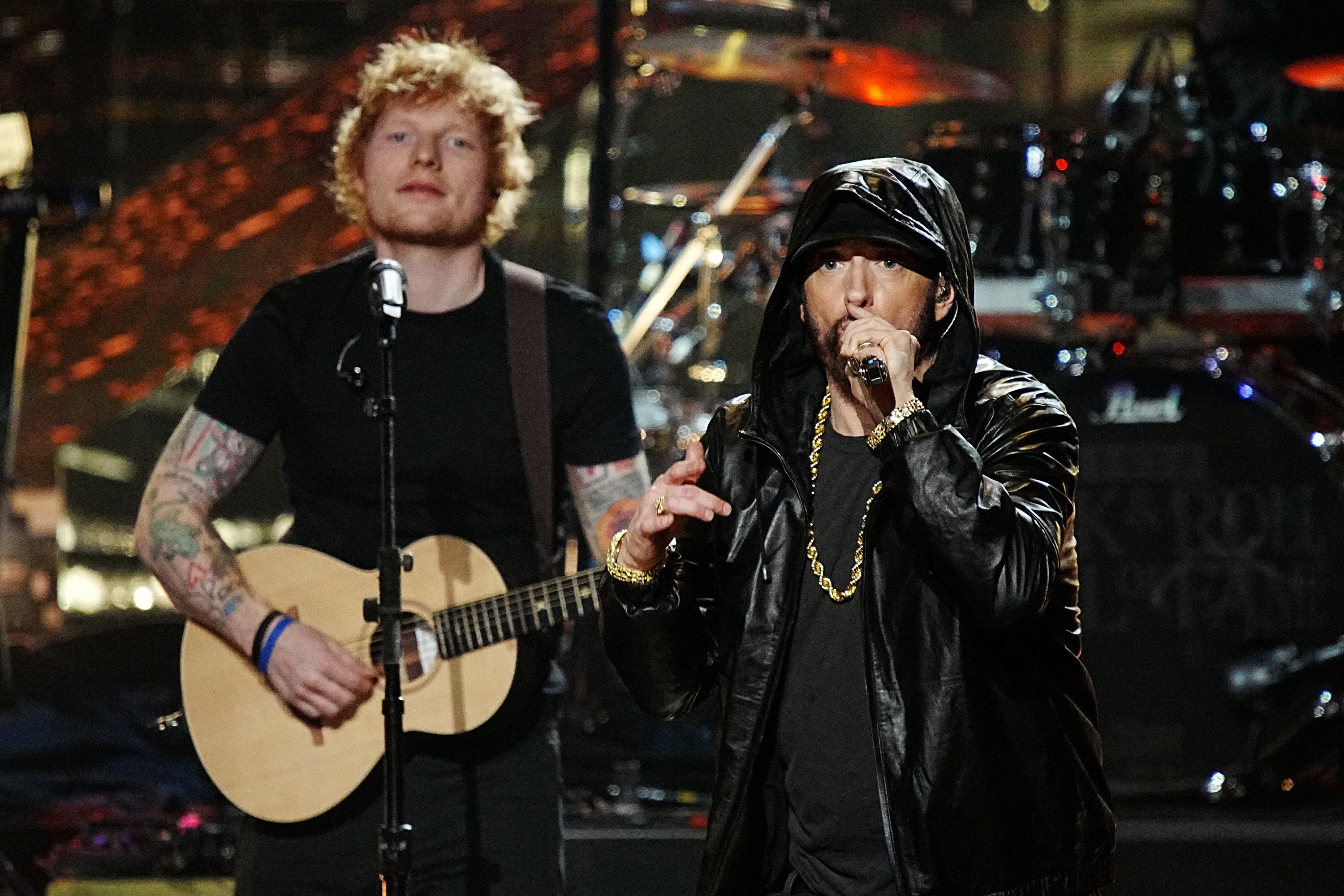 Ed Sheeran and Eminem on stage.