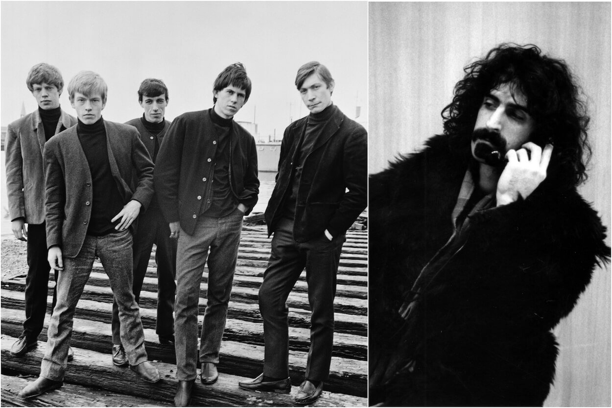 The Rolling Stones standing near the River Thames in London in 1964; Frank Zappa holding a phone to his ear.