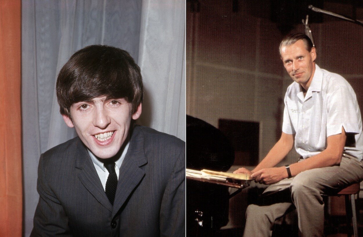 George Harrison (left) wearing a dark suit and black tie; George Martin sitting on a stool wearing a white short-sleeved shirt and khakis.
