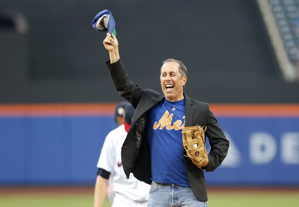 Jerry Seinfeld throws out the ceremonial first pitch at a Mets/Phillies game in 2019