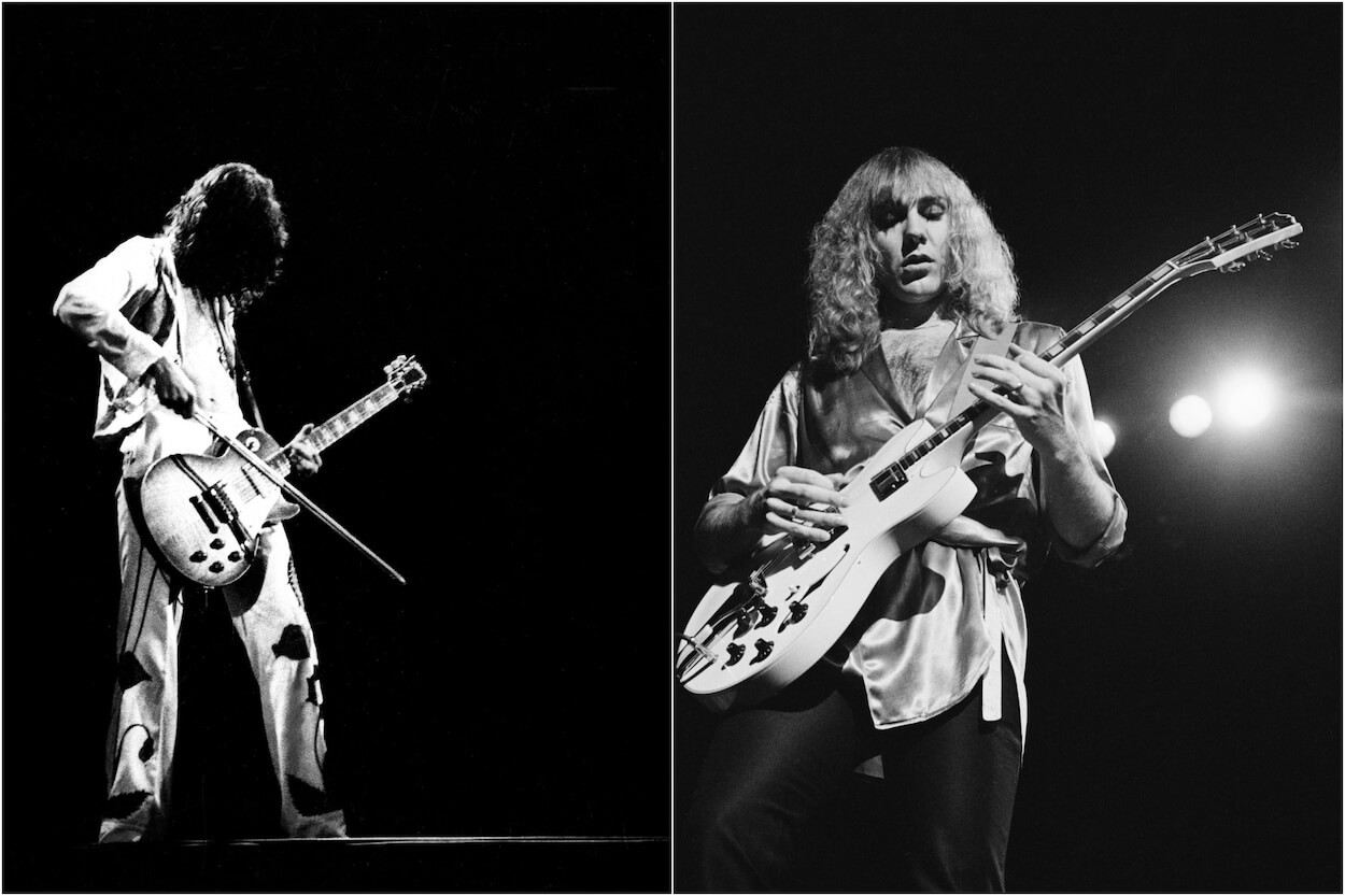 Led Zeppelin's Jimmy Page bows his guitar during a 1975 concert; Rush's Alex Lifeson performs in 1979.