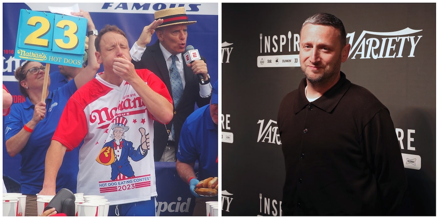Joey Chestnut at the 2023 Hot Dog Eating Contest. Tim Robinson on the red carpet
