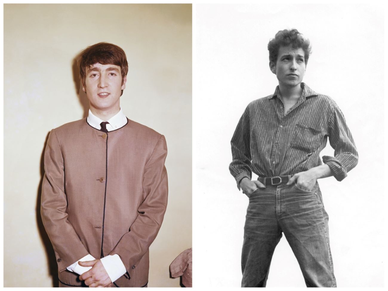 John Lennon wears a gray suit and stands with his hands clasped in front of himself. Bob Dylan wears jeans and a button down shirt and stands with his hands in his pockets.