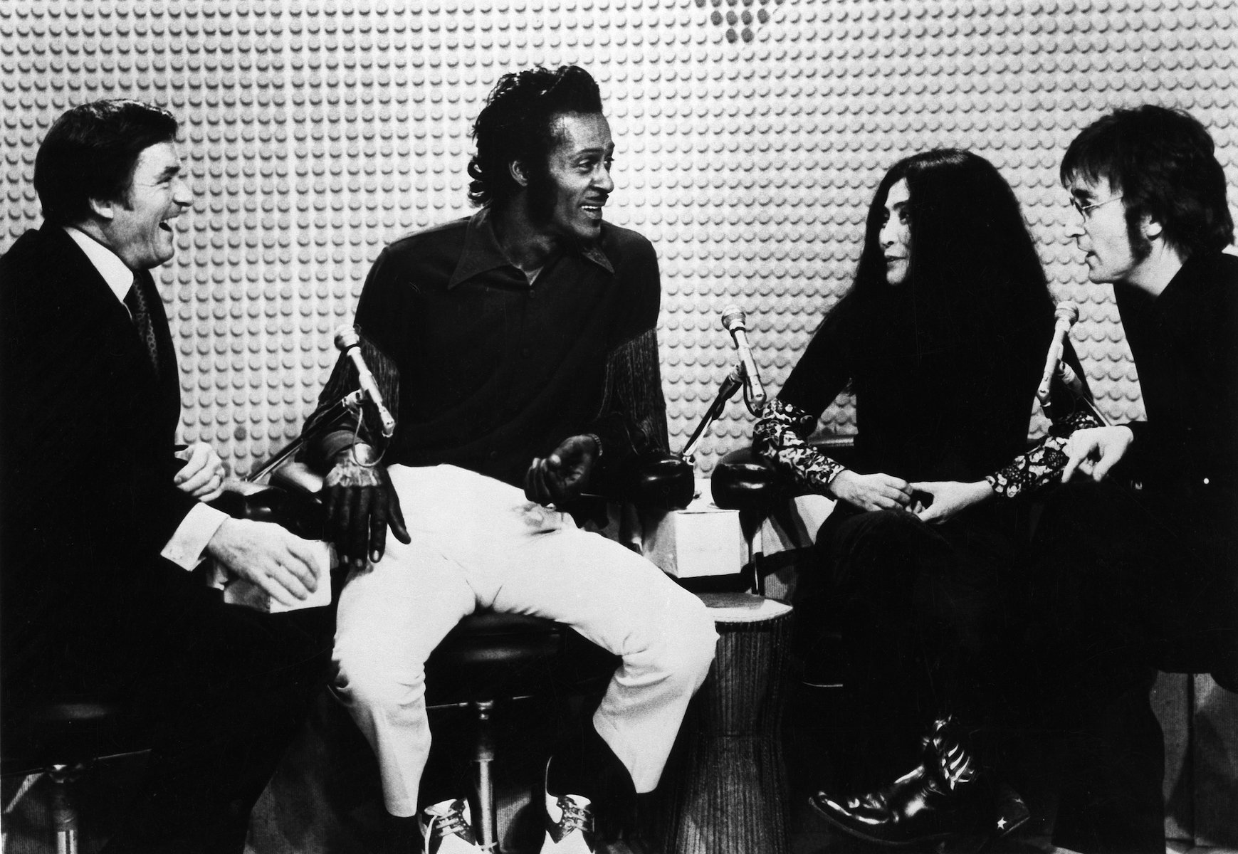 Mike Douglas, Chuck Berry, Yoko Ono, and John Lennon appear on The Mike Douglas Show