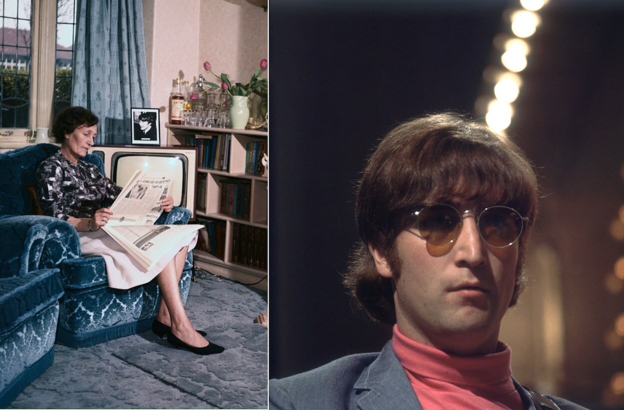 John Lennon's aunt, Mimi Smith, sitting in an easy chair reading a newspaper; John Lennon wearing sunglasses, a pink turtleneck, and grey blazer.