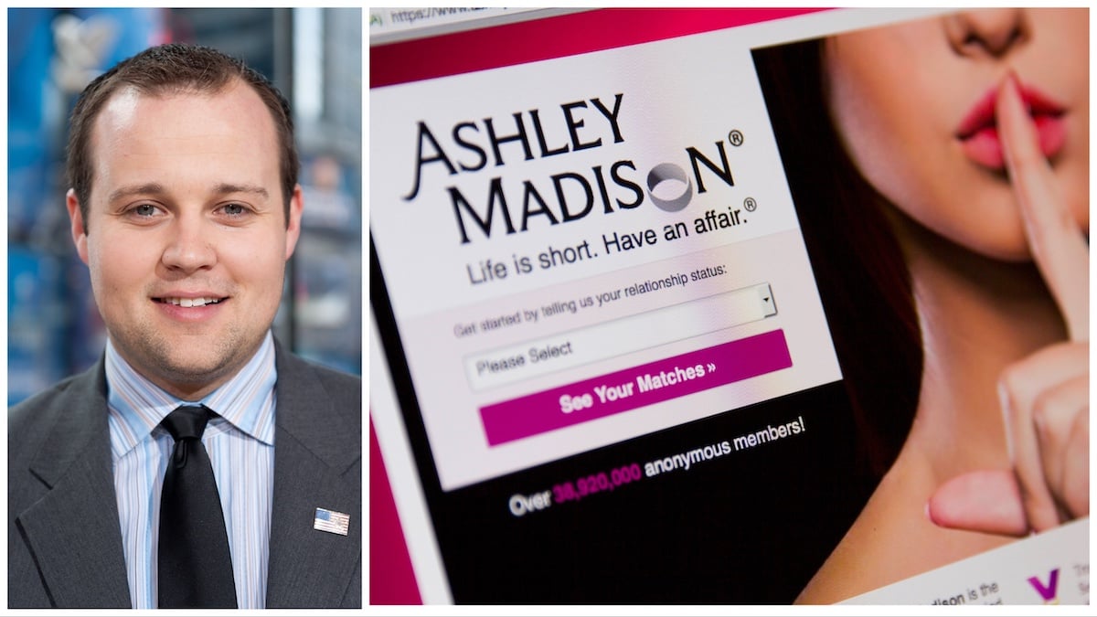 Josh Duggar wearing a tie next to an image of the Ashley Madison homepage