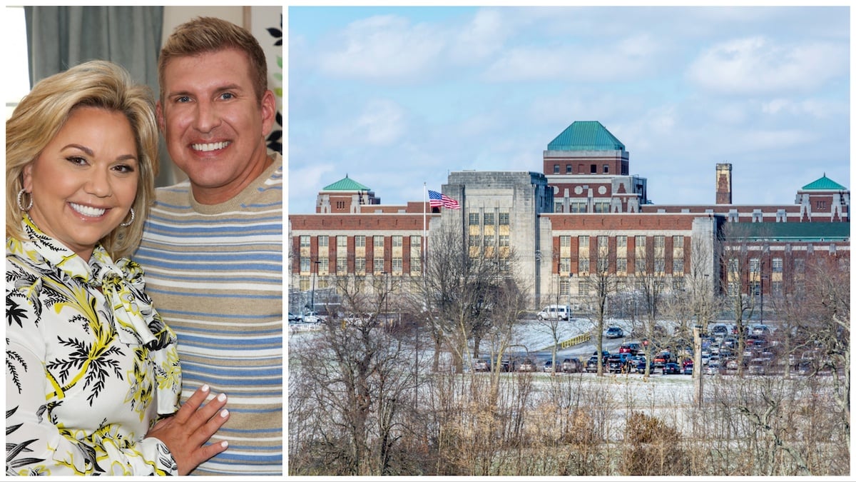 Portrait of smiling Julie Chrisley and Todd Chrisley next to a view of FMC Lexington, where Julie is in prison