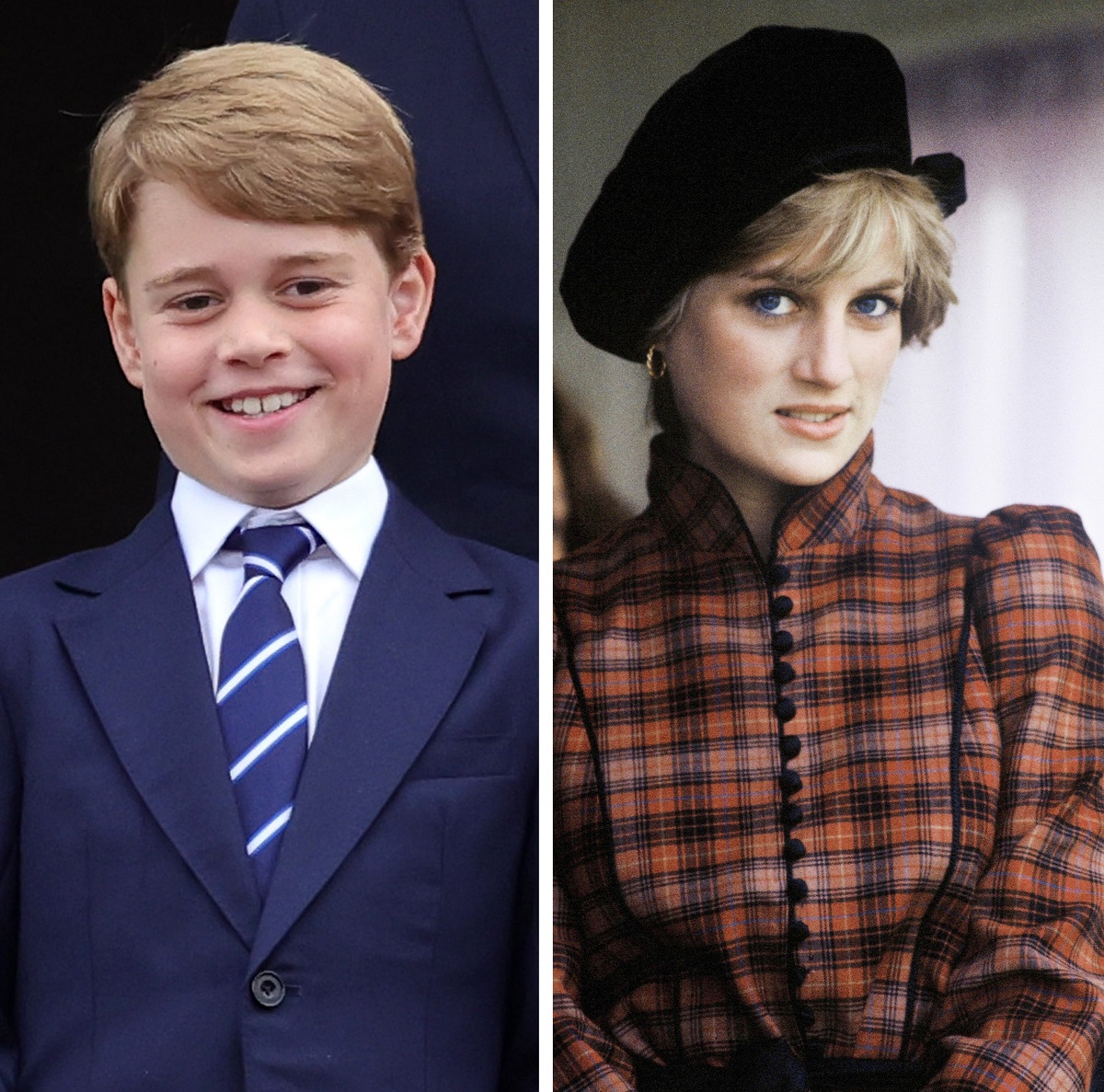 (L) Prince George, who as seen in a video inherited a look mannerisms from his late grandmother, (R) Princess Diana during a royal event (circa 1981)