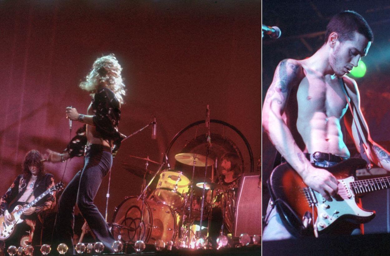 Led Zeppelin members (from left) Jimmy Page, Robert Plant, and John Bonham performing in 1977; Red Hot Chili Peppers guitarist John Frusciante playing a Fender Stratocaster in 1992.