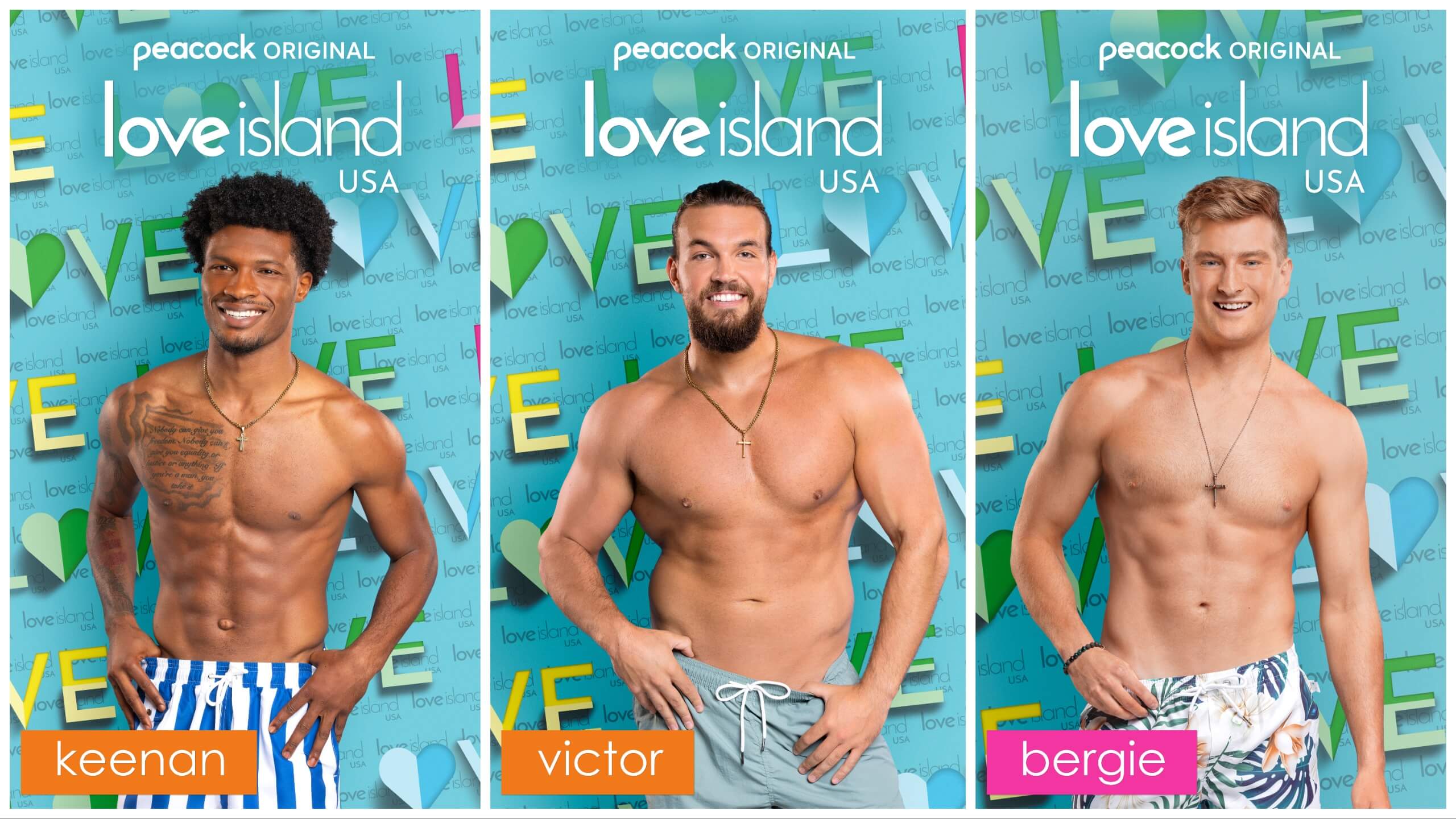 Side-by-side portraits of Keenan, Victor, and Bergie from 'Love Island USA' Season 5, all shirtless