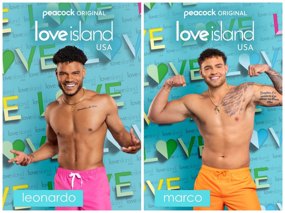 Side by side portraits of 'Love Island USA' Season 5 cast members Leonardo and Marco, both shirtless
