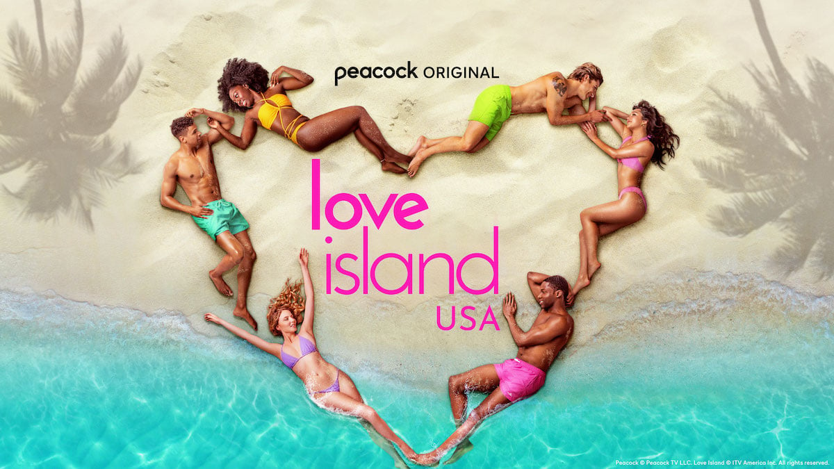 'Love Island USA' Season 5 key art image of men and women lying on beach in heart shape