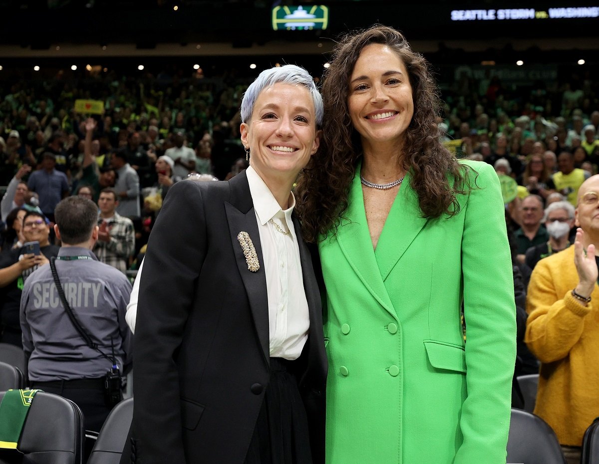 Megan Rapinoe and Sue Bird pose for a portrait before the game between the Seattle Storm and the Washington Mystics