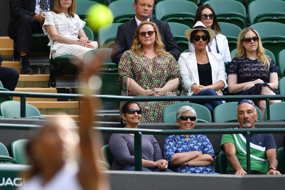 Meghan Markle watches Serena Williams play Kaja Juvan during their women's singles second round match on the fourth day of the 2019 Wimbledon Championships