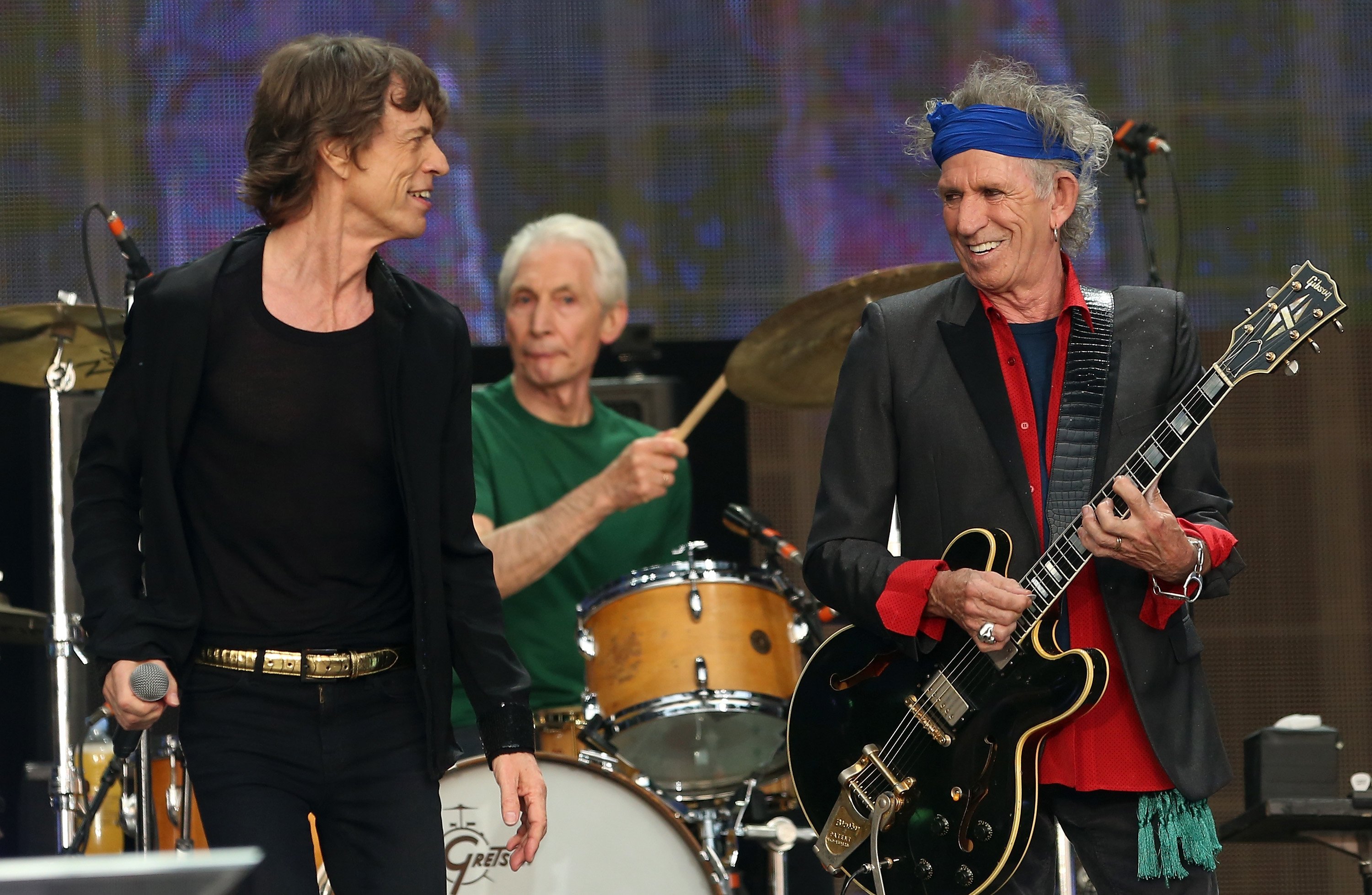 Mick Jagger, Keith Richards, and Charlie Watts perform with The Rolling Stones at Hyde Park in London, England, in 2013