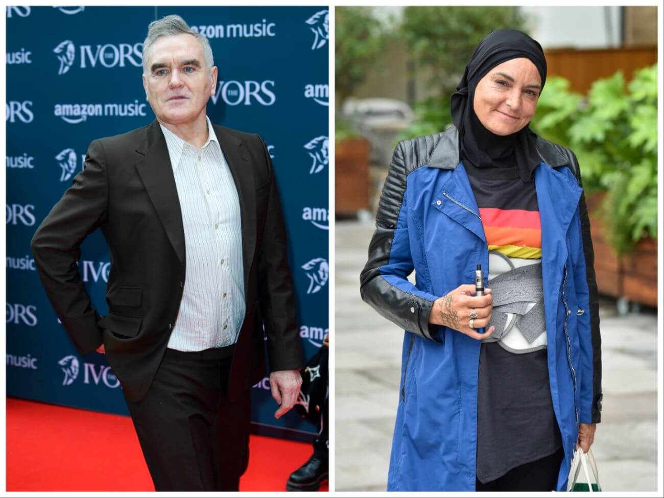 Morrissey wears a black suit and walks on the red carpet. Sinead O'Connor wears a hijab, black shirt, and long blue coat while standing outdoors.